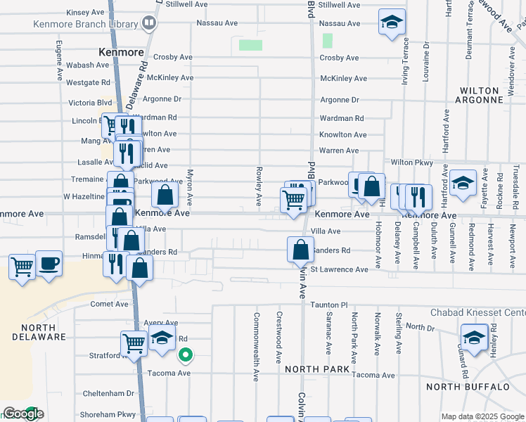 map of restaurants, bars, coffee shops, grocery stores, and more near 1173 Kenmore Avenue in Buffalo