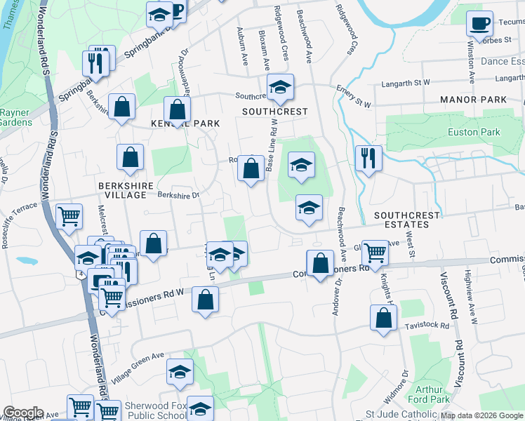 map of restaurants, bars, coffee shops, grocery stores, and more near 6 Southwood Crescent in London