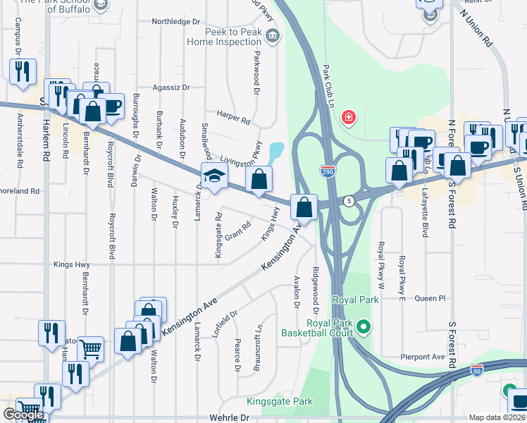 map of restaurants, bars, coffee shops, grocery stores, and more near 208 Bentham Parkway East in Buffalo