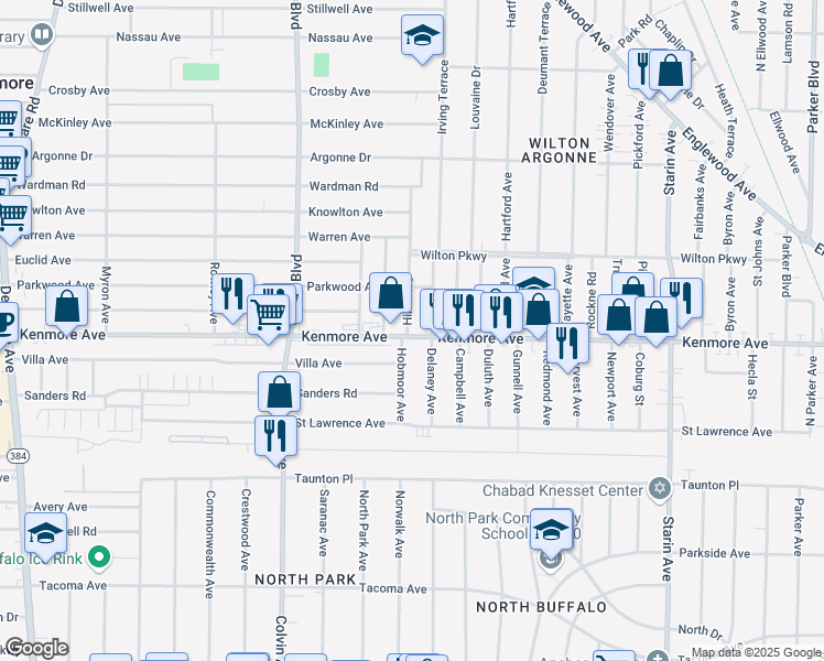map of restaurants, bars, coffee shops, grocery stores, and more near 964 Kenmore Avenue in Buffalo
