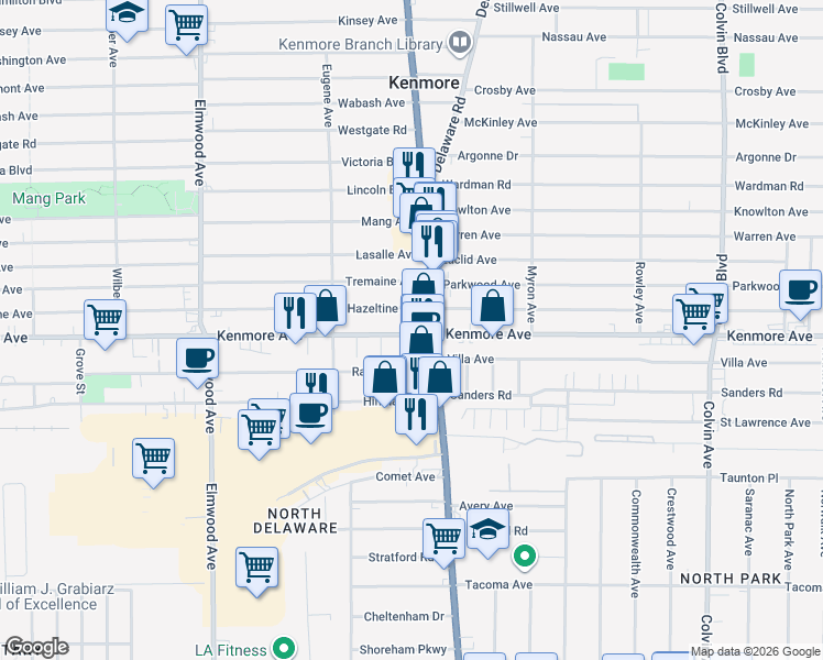 map of restaurants, bars, coffee shops, grocery stores, and more near 2730 Delaware Avenue in Buffalo