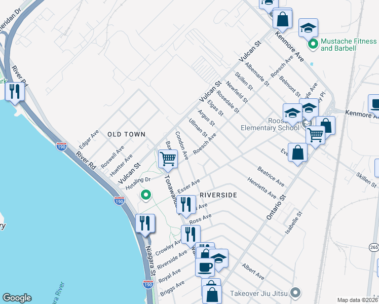 map of restaurants, bars, coffee shops, grocery stores, and more near 96 Roesch Avenue in Buffalo