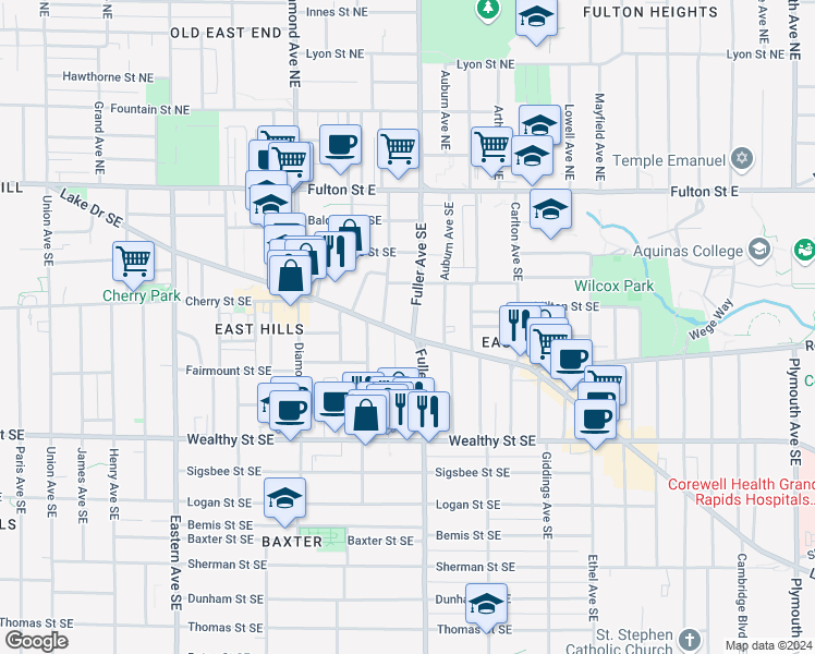 map of restaurants, bars, coffee shops, grocery stores, and more near 1201 Lake Drive Southeast in Grand Rapids