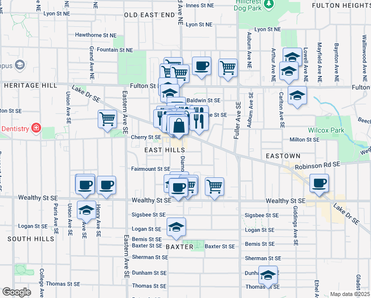 map of restaurants, bars, coffee shops, grocery stores, and more near 1014 Chester Street Southeast in Grand Rapids