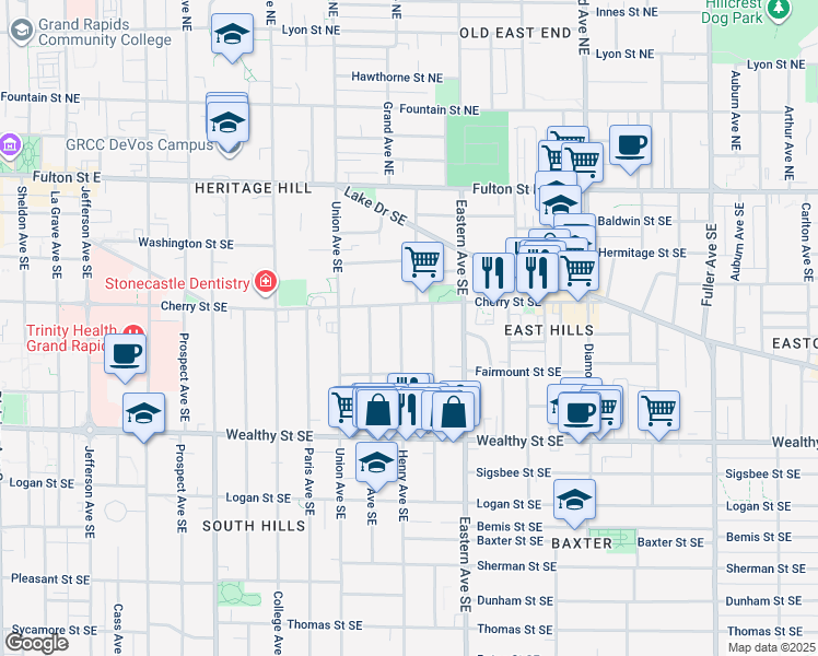 map of restaurants, bars, coffee shops, grocery stores, and more near 236 Henry Avenue Southeast in Grand Rapids