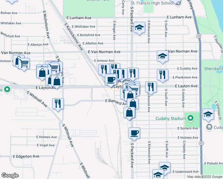 map of restaurants, bars, coffee shops, grocery stores, and more near 4718 South Kingan Avenue in Cudahy