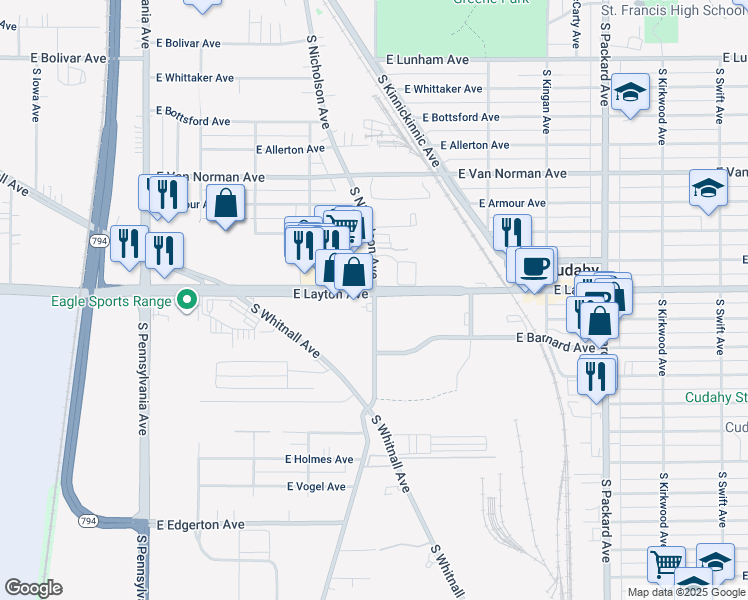 map of restaurants, bars, coffee shops, grocery stores, and more near 4725 South Nicholson Avenue in Cudahy