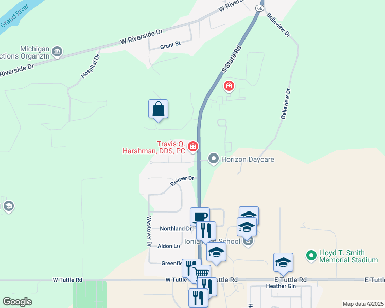 map of restaurants, bars, coffee shops, grocery stores, and more near 1978 South State Road in Ionia