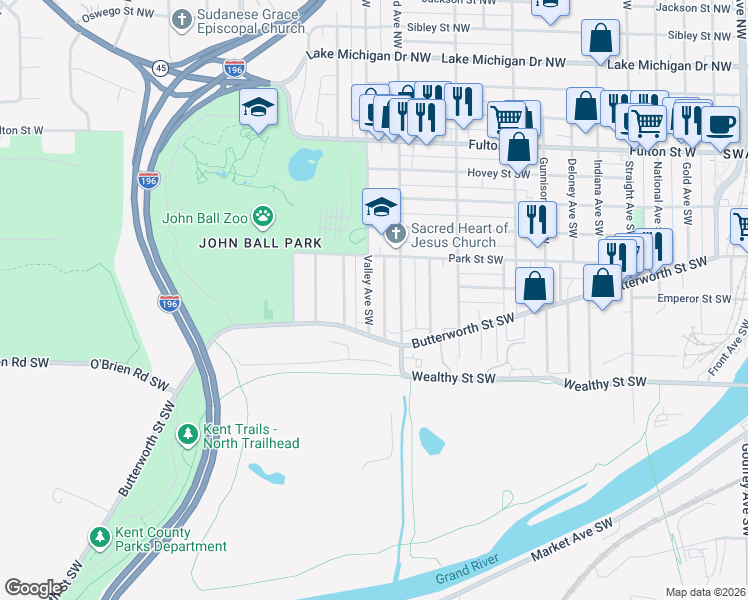 map of restaurants, bars, coffee shops, grocery stores, and more near 246 Valley Avenue Southwest in Grand Rapids