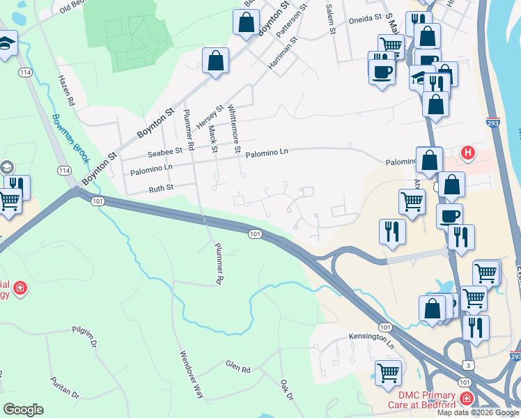 map of restaurants, bars, coffee shops, grocery stores, and more near 5 Rockingham Court in Bedford