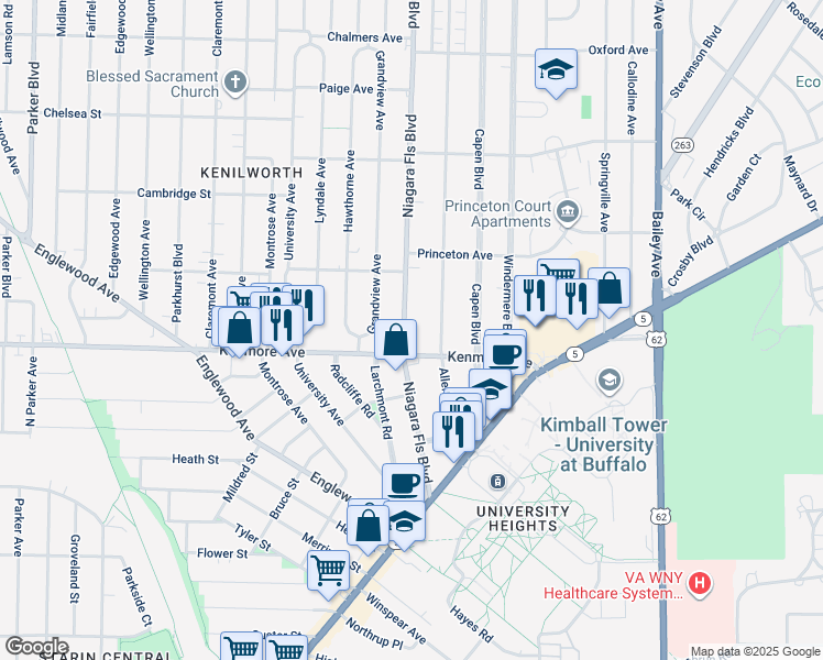 map of restaurants, bars, coffee shops, grocery stores, and more near 159 Niagara Falls Boulevard in Buffalo