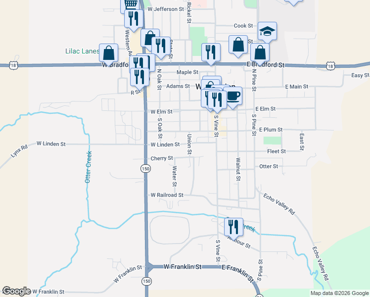 map of restaurants, bars, coffee shops, grocery stores, and more near 202 Union Street in West Union