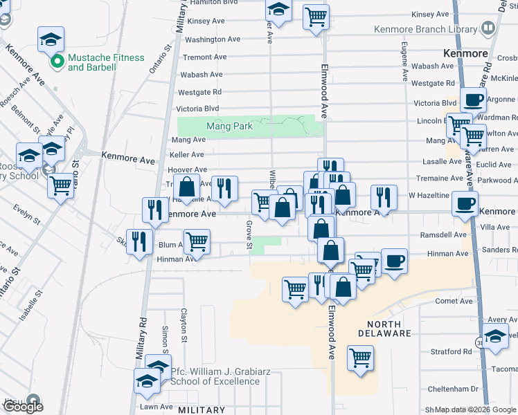map of restaurants, bars, coffee shops, grocery stores, and more near 398 Grove Street in Buffalo