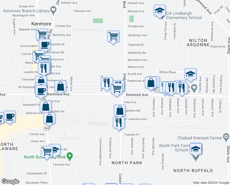 map of restaurants, bars, coffee shops, grocery stores, and more near 1129 Kenmore Avenue in Buffalo