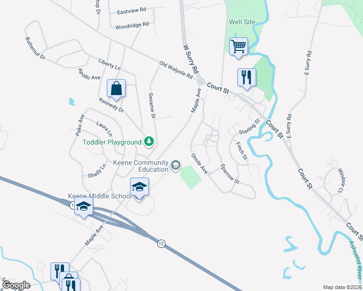 map of restaurants, bars, coffee shops, grocery stores, and more near 39 Oriole Avenue in Keene