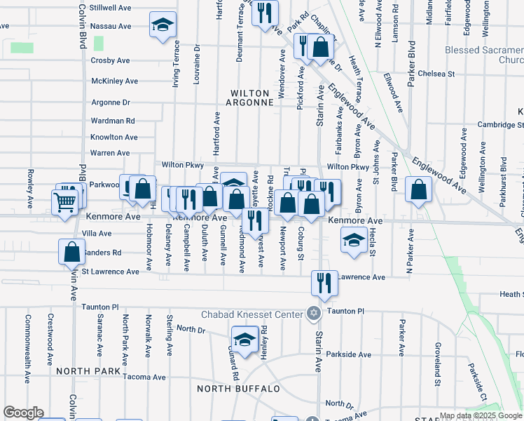map of restaurants, bars, coffee shops, grocery stores, and more near in Buffalo