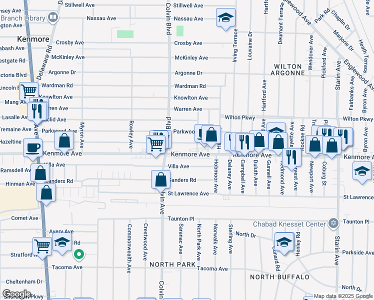 map of restaurants, bars, coffee shops, grocery stores, and more near 1034 Kenmore Avenue in Buffalo