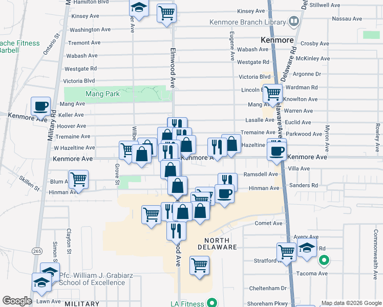 map of restaurants, bars, coffee shops, grocery stores, and more near 1606 Kenmore Avenue in Buffalo