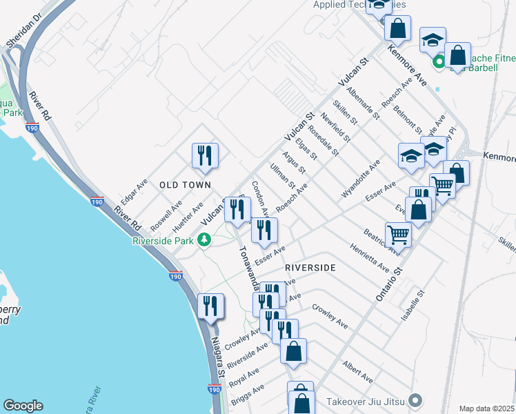 map of restaurants, bars, coffee shops, grocery stores, and more near 96 Roesch Avenue in Buffalo