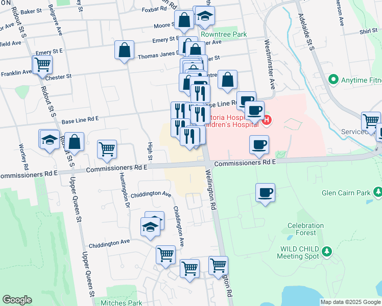 map of restaurants, bars, coffee shops, grocery stores, and more near 463 Wellington Road in London