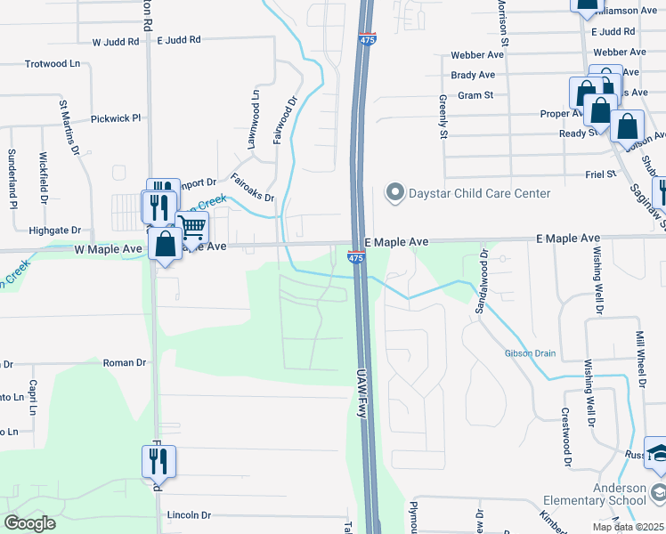 map of restaurants, bars, coffee shops, grocery stores, and more near 5800 Maplebrook Lane in Flint