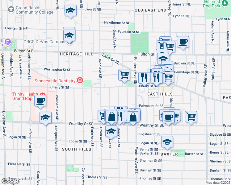map of restaurants, bars, coffee shops, grocery stores, and more near 236 Henry Avenue Southeast in Grand Rapids
