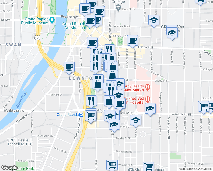map of restaurants, bars, coffee shops, grocery stores, and more near 235 Division Avenue South in Grand Rapids