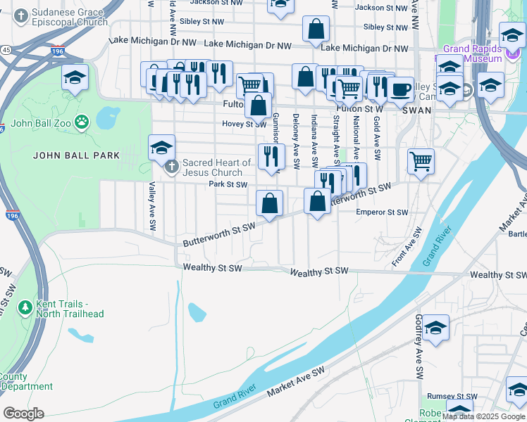 map of restaurants, bars, coffee shops, grocery stores, and more near in Grand Rapids