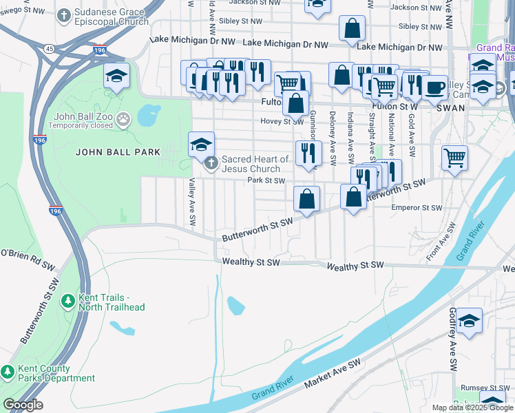 map of restaurants, bars, coffee shops, grocery stores, and more near 253 Marion Avenue Southwest in Grand Rapids