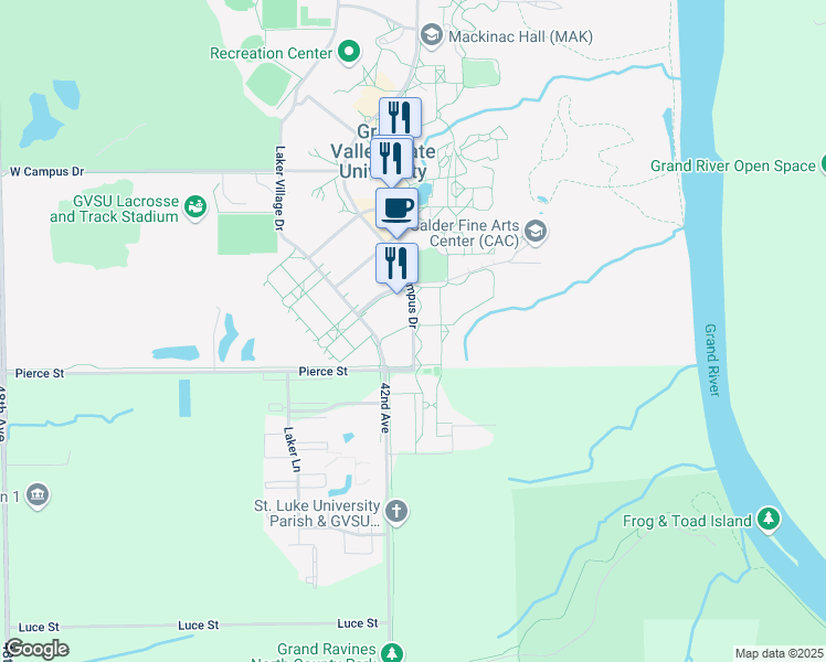 map of restaurants, bars, coffee shops, grocery stores, and more near 3-5 South Campus Drive in Allendale Charter Township