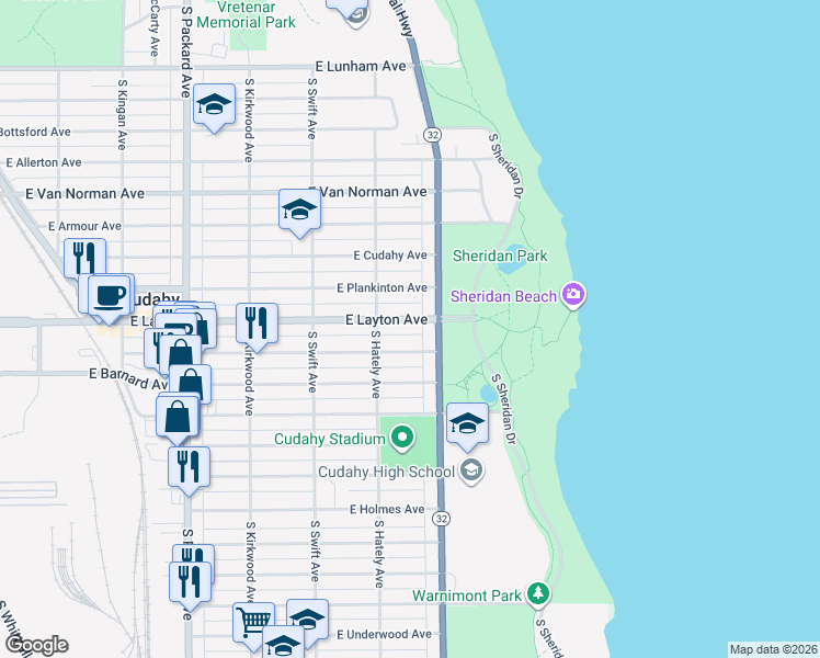 map of restaurants, bars, coffee shops, grocery stores, and more near 3918 East Squire Avenue in Cudahy