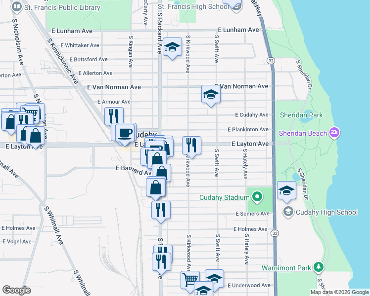 map of restaurants, bars, coffee shops, grocery stores, and more near 3670A East Squire Avenue in Cudahy