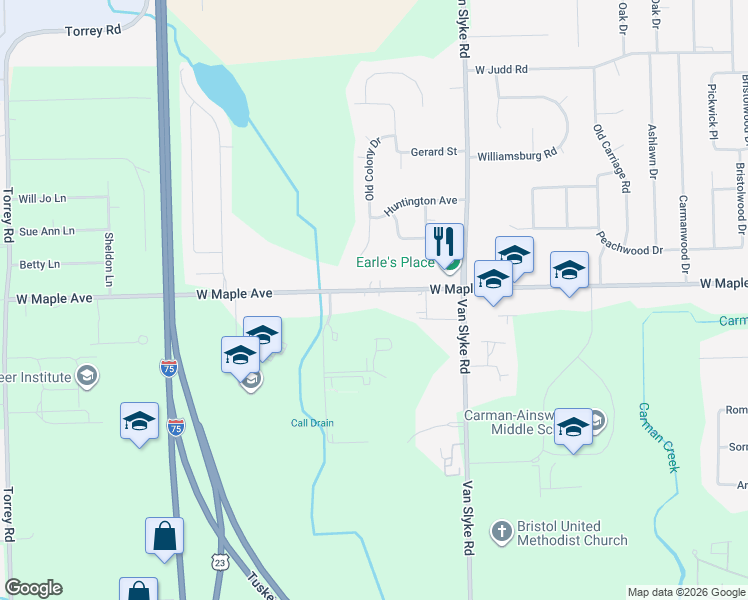 map of restaurants, bars, coffee shops, grocery stores, and more near 2113 West Maple Avenue in Flint