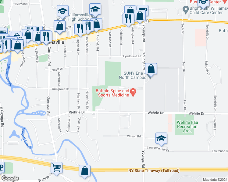 map of restaurants, bars, coffee shops, grocery stores, and more near 1760 Wehrle Drive in Buffalo
