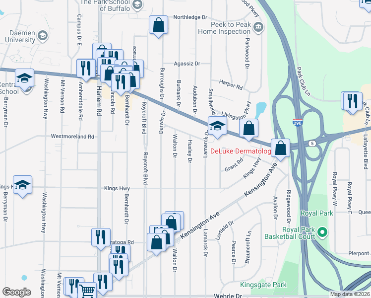 map of restaurants, bars, coffee shops, grocery stores, and more near 56 Walton Drive in Buffalo