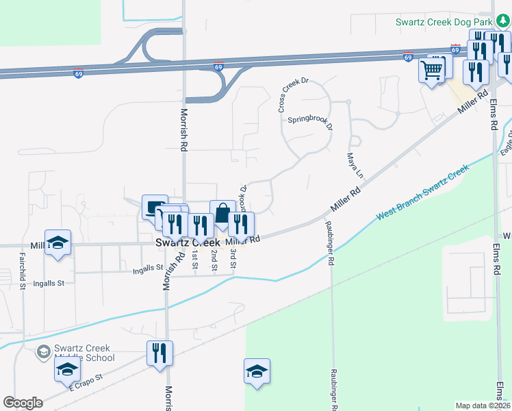 map of restaurants, bars, coffee shops, grocery stores, and more near 4469 Colony Court in Swartz Creek