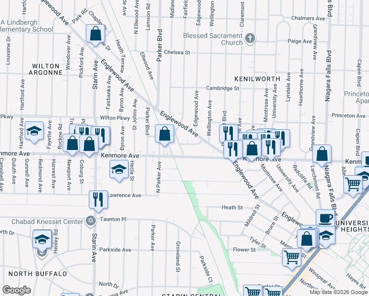 map of restaurants, bars, coffee shops, grocery stores, and more near 487 Kenmore Avenue in Buffalo