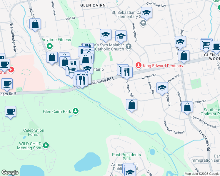 map of restaurants, bars, coffee shops, grocery stores, and more near 951 Commissioners Road East in London