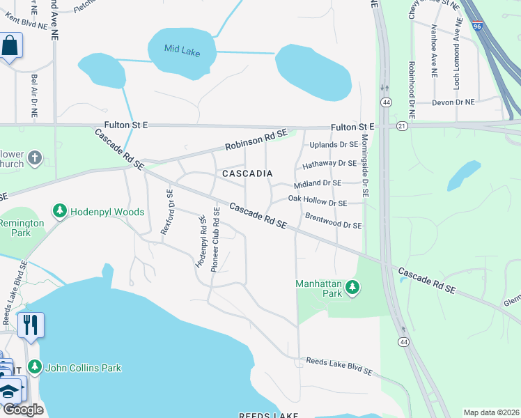map of restaurants, bars, coffee shops, grocery stores, and more near 2910 Cascade Road Southeast in East Grand Rapids