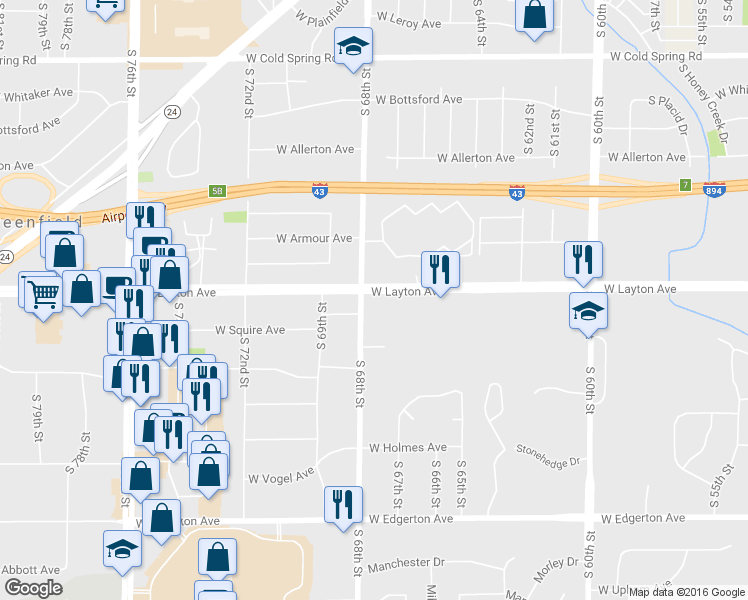 map of restaurants, bars, coffee shops, grocery stores, and more near 6725 W Layton Ave in Milwaukee