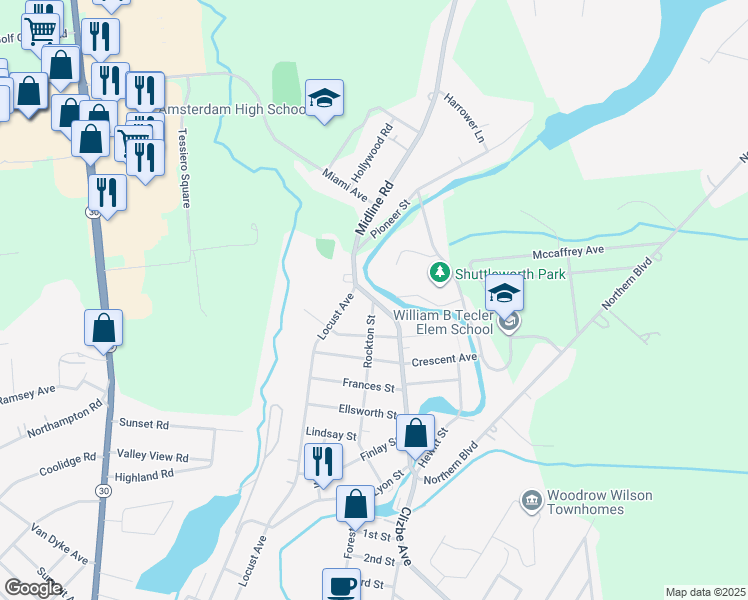 map of restaurants, bars, coffee shops, grocery stores, and more near Clizbe Avenue & Rockton Street in Amsterdam