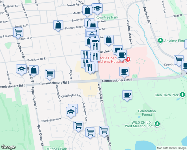 map of restaurants, bars, coffee shops, grocery stores, and more near 387 Wellington Road in London