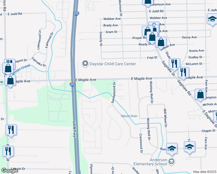 map of restaurants, bars, coffee shops, grocery stores, and more near 5040 Sandalwood Drive in Grand Blanc