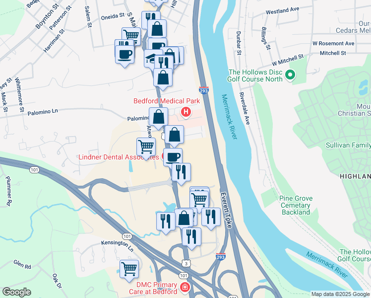 map of restaurants, bars, coffee shops, grocery stores, and more near 85 South River Road in Bedford