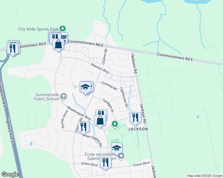 map of restaurants, bars, coffee shops, grocery stores, and more near 155 Emerald Road in London