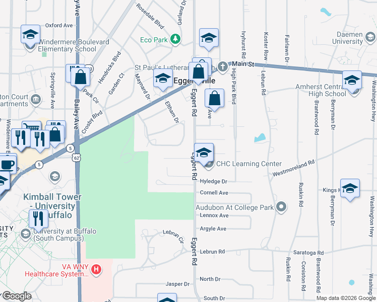 map of restaurants, bars, coffee shops, grocery stores, and more near 1124 Eggert Road in Buffalo