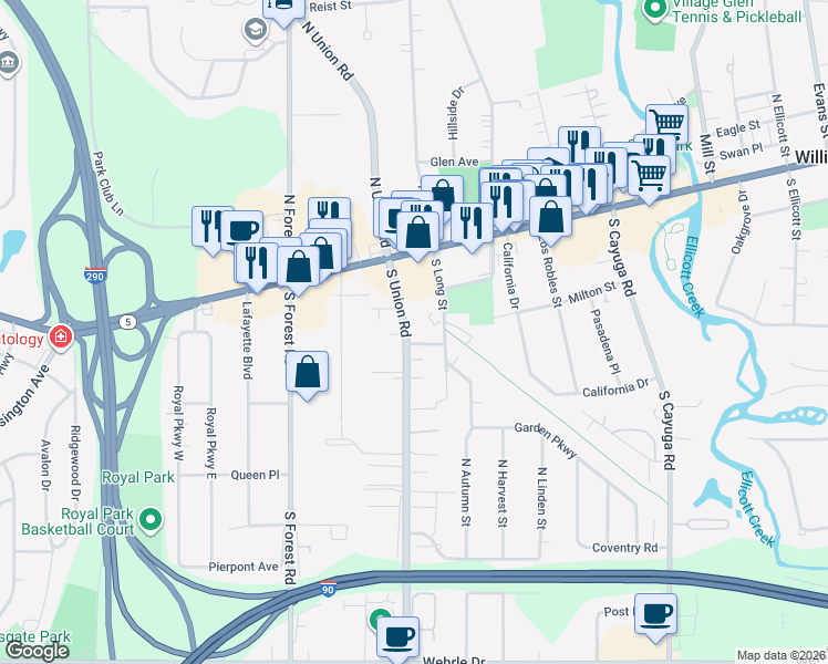 map of restaurants, bars, coffee shops, grocery stores, and more near 100 South Union Road in Buffalo