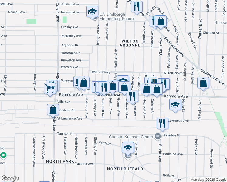 map of restaurants, bars, coffee shops, grocery stores, and more near 870 Kenmore Avenue in Buffalo