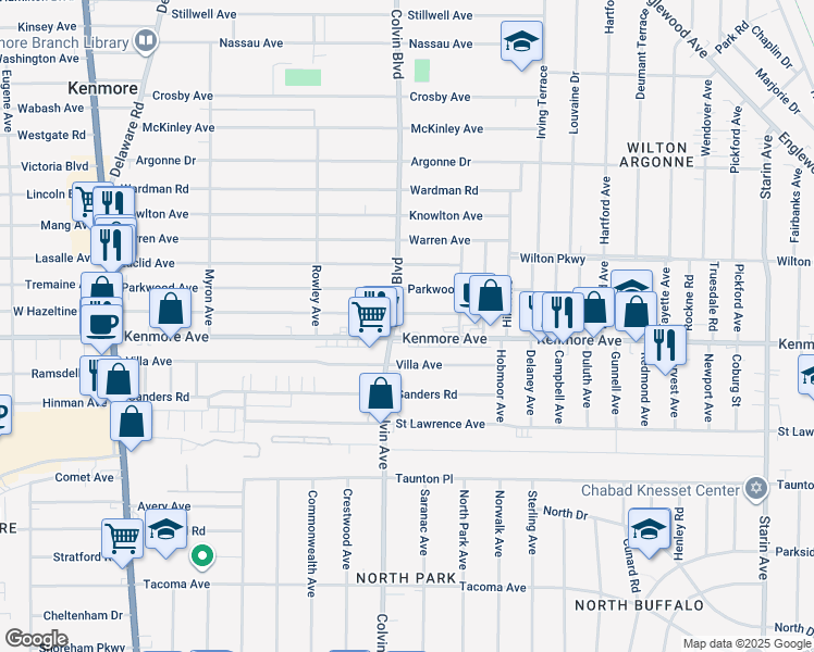 map of restaurants, bars, coffee shops, grocery stores, and more near 1074 Kenmore Avenue in Buffalo