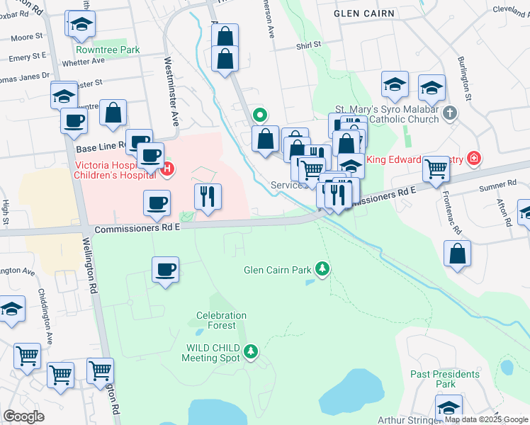 map of restaurants, bars, coffee shops, grocery stores, and more near 845 Commissioners Road East in London